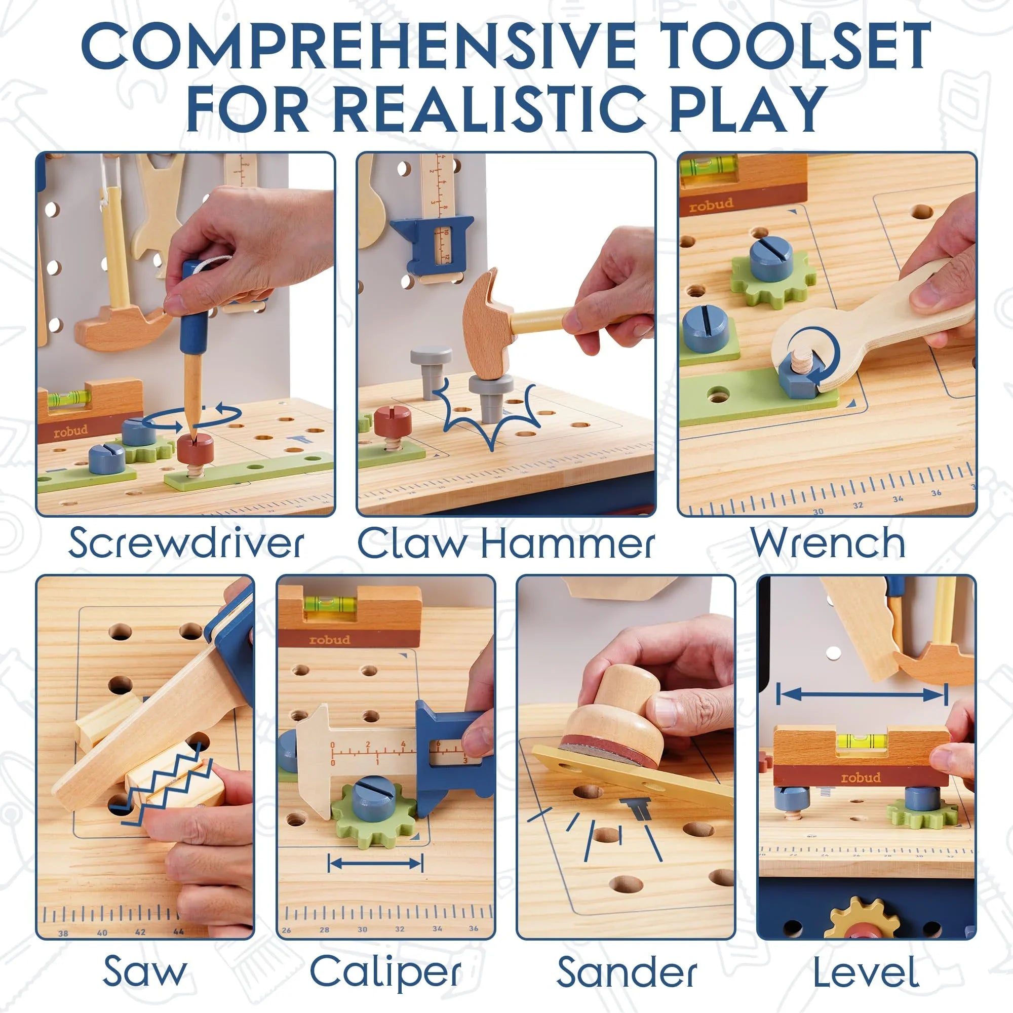 Robotime Robud wooden toy workbench by I YAN, featuring colorful tools and building accessories for kids' pretend play and creativity.