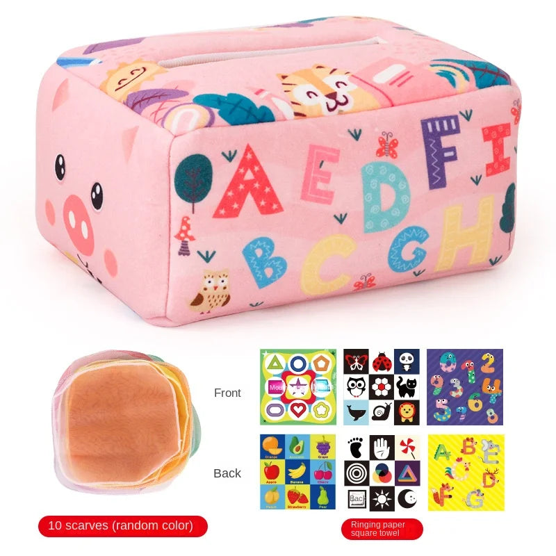 Baby Montessori Magic Tissue Box by I YAN, sensory learning toy for fine motor skills, featuring colorful tissue compartments for baby exploration.