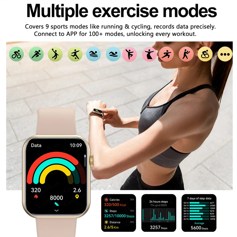 New Smart Watch Full Touch Screen Bluetooth Call AI Voice Heart Rate Waterproof Watches Sports Bracelet Smartwatch Women