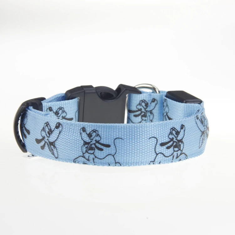 Bright LED dog collar by I YAN with luminous nylon strap, designed for night safety and visibility for pets during evening walks.