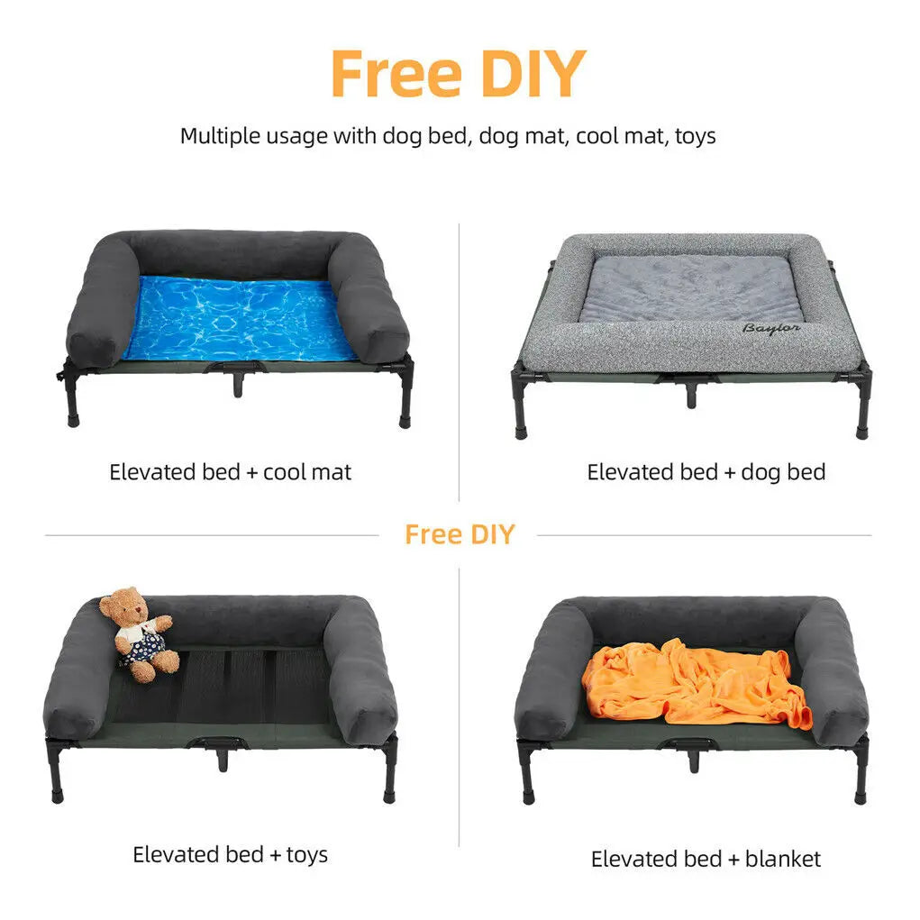 I YAN outdoor indoor elevated dog bed for large dogs with breathable mesh, cooling raised cot, plush bolster, and pet hammock design.