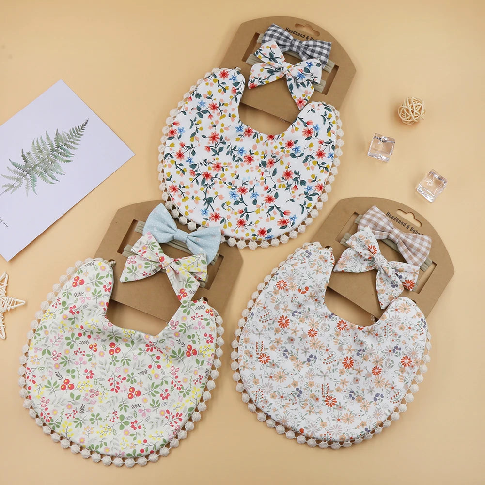 Set of 3 I YAN flower print cotton linen baby bibs, elastic nylon headband, double-deck saliva towel and feeding bandana apron.