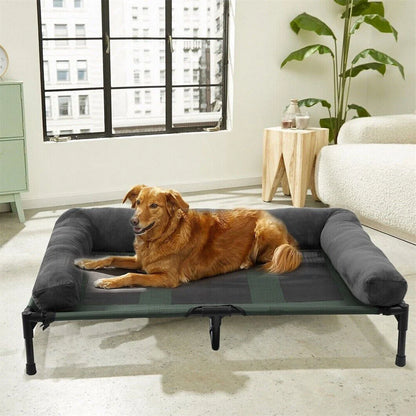 Large outdoor raised dog bed by I YAN with cooling breathable mat and soft plush mat, ideal for camping, home, or garden.