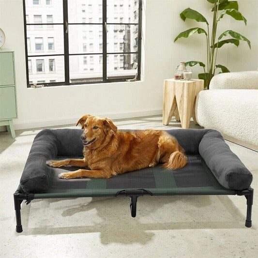 Large outdoor raised dog bed by I YAN with cooling breathable mat and soft plush mat, ideal for camping, home, or garden.