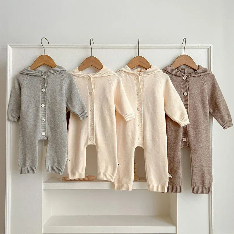2026 New Spring 0-24M Toddler Baby Boys Girl Knitted Romper Long Sleeved Solid Color Hooded Infant Baby Knitted Jumpsuit