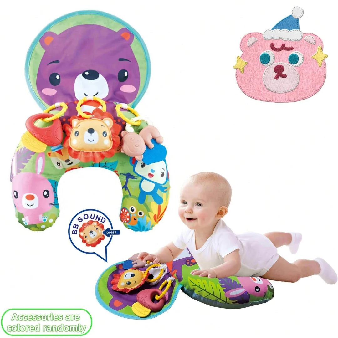 Colorful baby tummy time pillow with rattle toys and cartoon animal designs, multifunctional crawling mat and play gym for infants by I YAN.