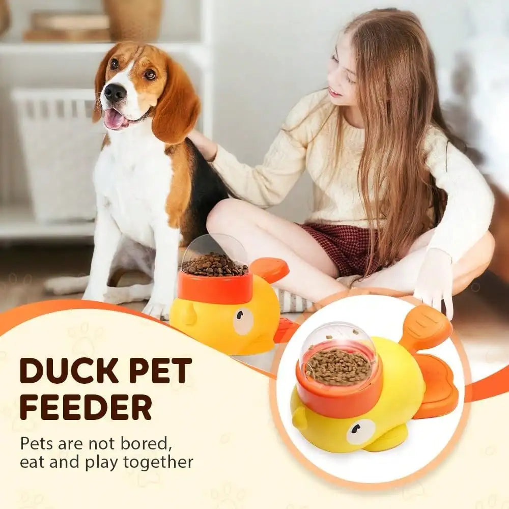 Yellow duck-shaped 2-in-1 dog slow feeder and food puzzle bowl by I YAN, designed to promote healthy eating and LQ training.