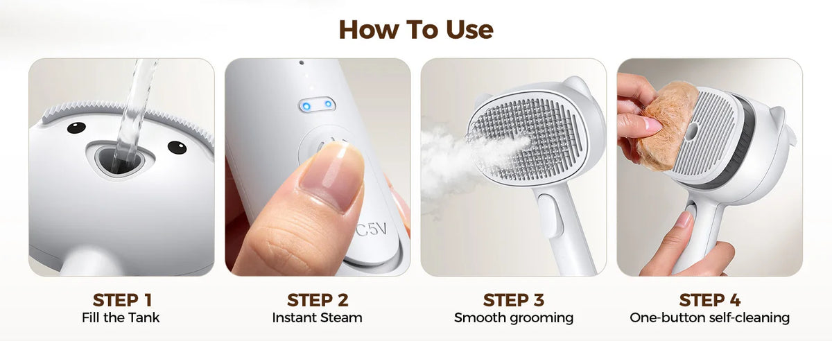 I YAN Self Cleaning Shedding Steam Cat Brush with silicone scraper, white dog and cat grooming brush, USB rechargeable pet grooming tool
