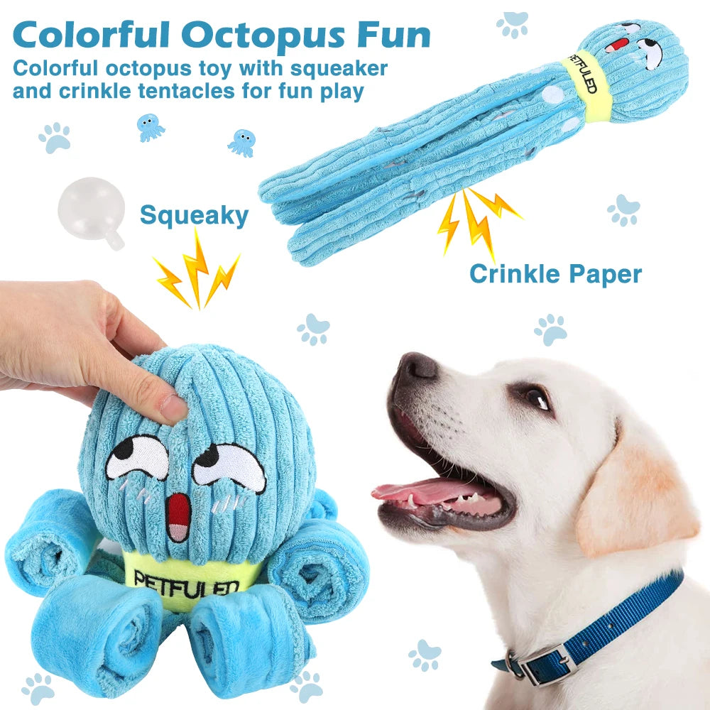 I YAN Dog Snuffle Octopus plush toy, an interactive puzzle and slow feeding chew toy for dogs with multiple hiding spots.