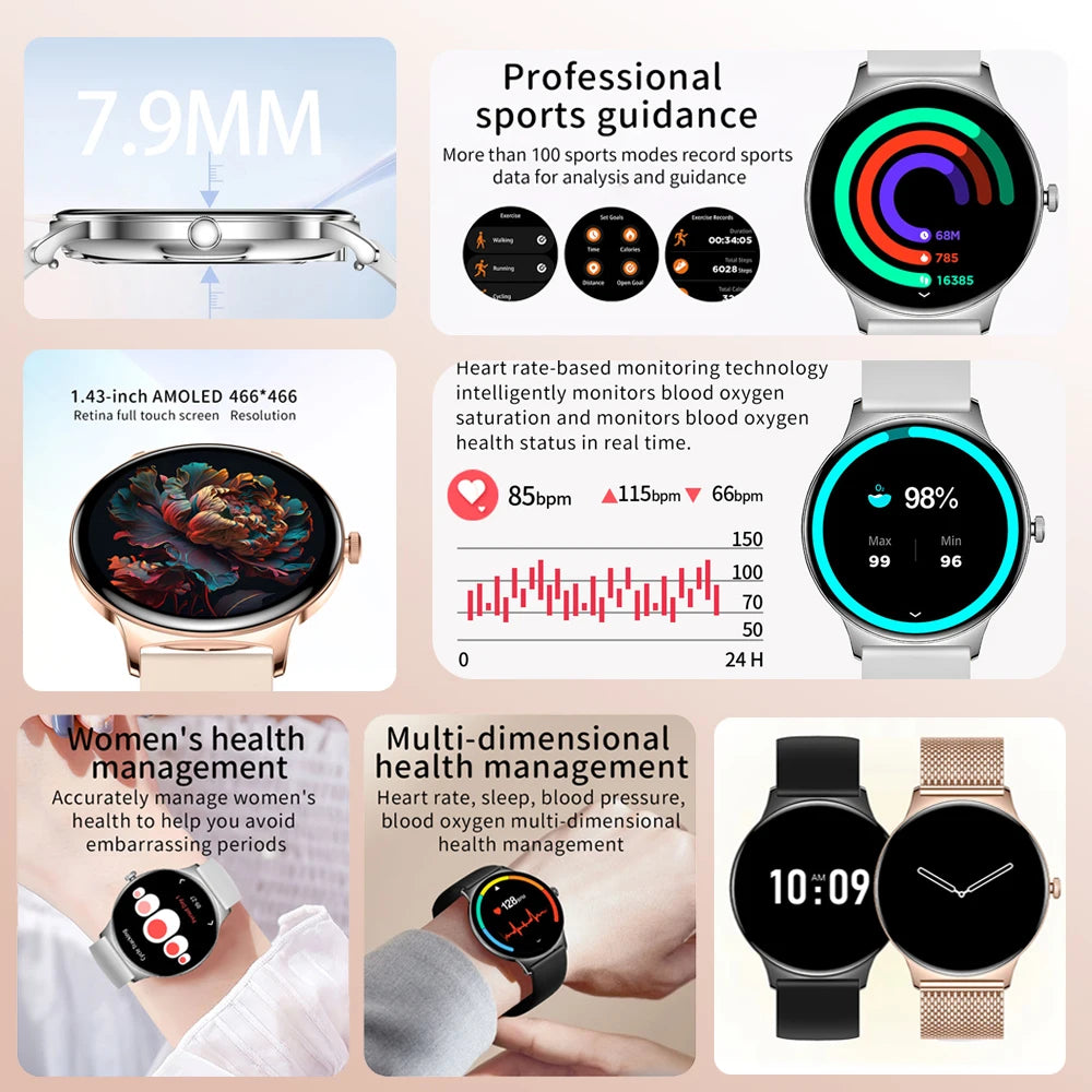 2026 New Ultra Slim AMOLED Smart Watch Women Screen Always Display Time Heart Rate BT Calling High-end Fashion Smartwatch