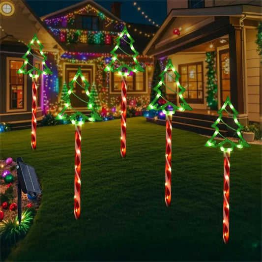 Set of 5 I YAN LED solar Christmas tree ground lights for courtyard and path decoration, suitable for festive outdoor lighting.
