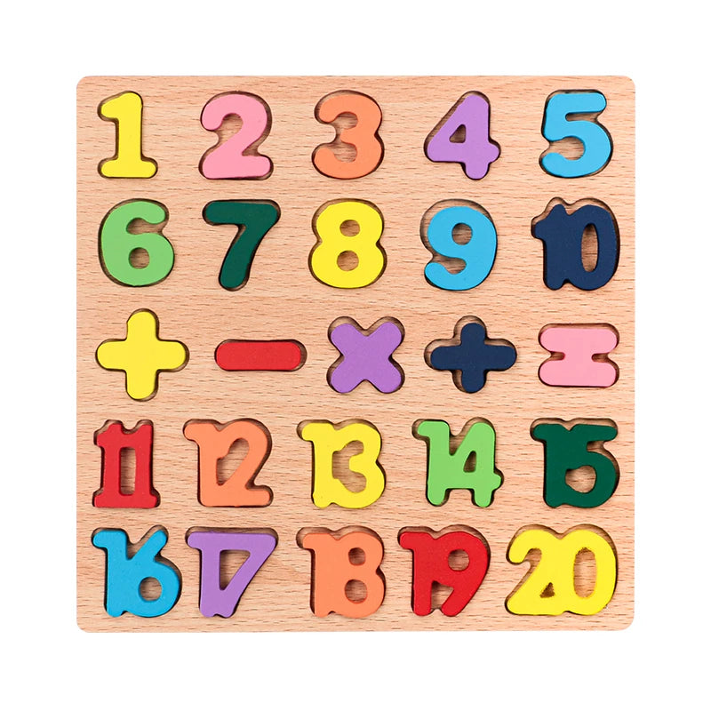 Wooden Montessori educational puzzle with alphabetic, arithmetic, and geometric shape pieces for preschool children by I YAN.
