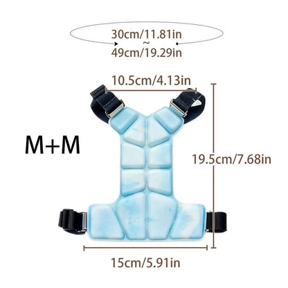 Lightweight I YAN gel dog cooling vest harness on small dog, designed for heat relief and comfort during hot weather.