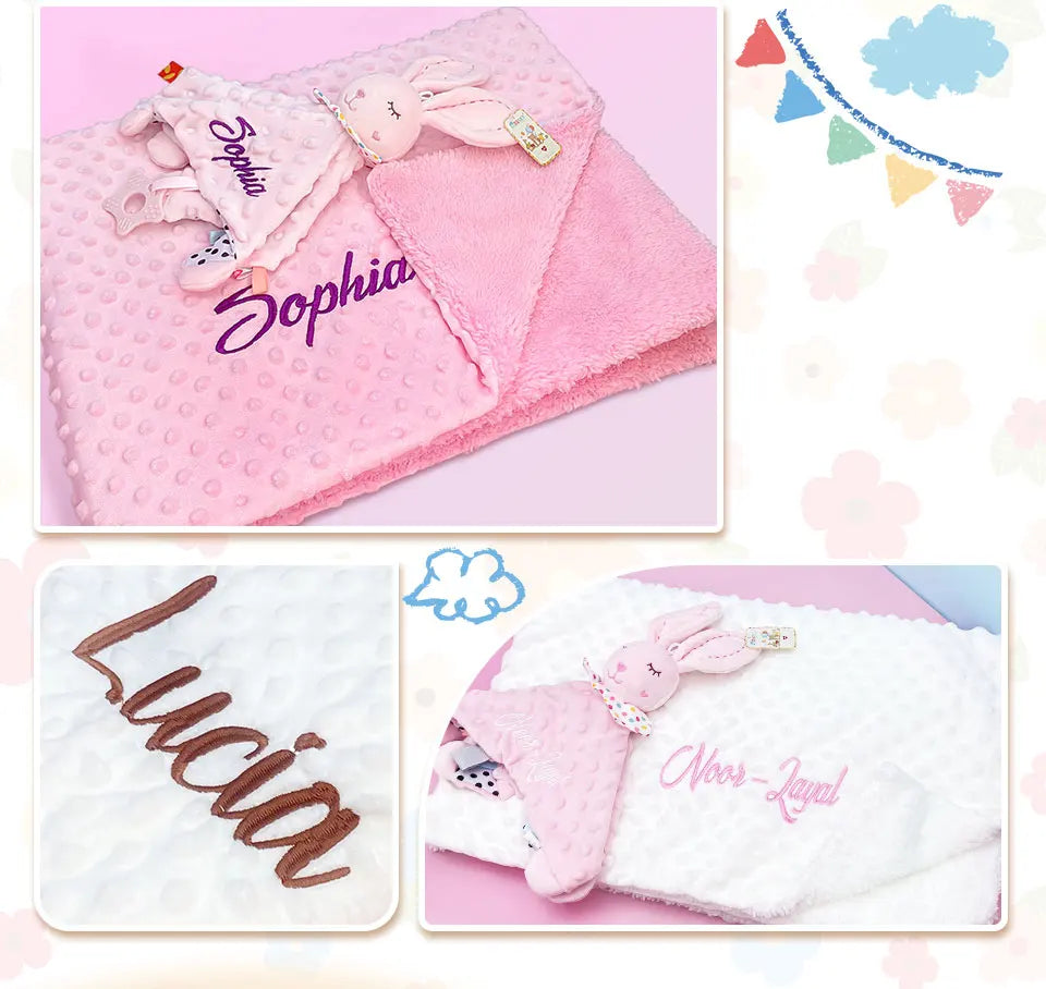 Soft personalized baby blanket and lovey set by I YAN featuring minky dot fabric, perfect for boys and girls.