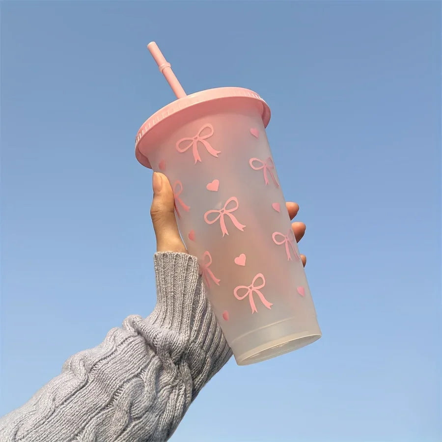 2/20pcs  Reusable Party Cups with Straw & Lid Cute Bow Plastic Tumblers for Cold Drinks Home Office Outdoor Use