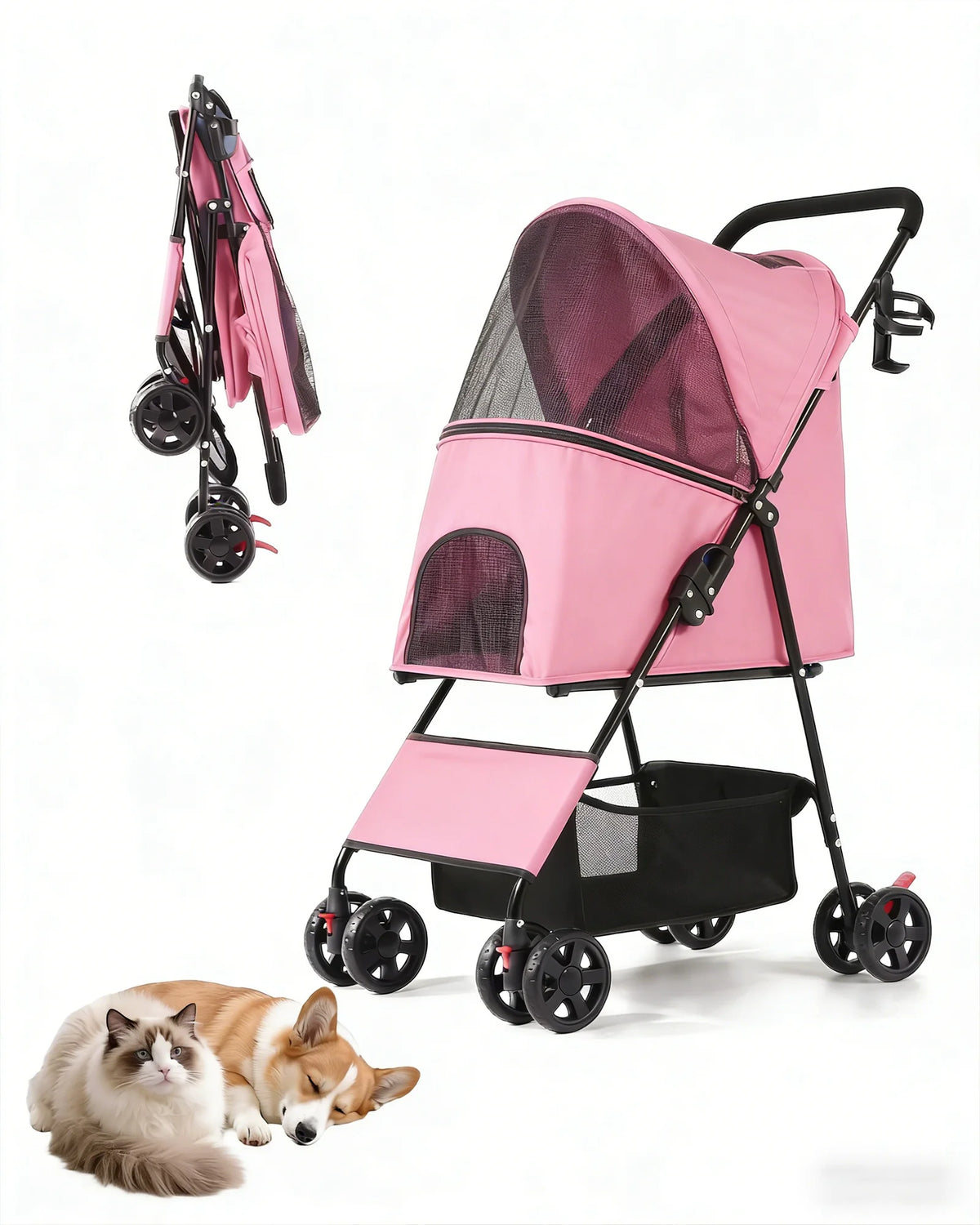 Lightweight I YAN foldable pet stroller with four wheels, breathable mesh for small dogs or cats, easy to carry and travel.