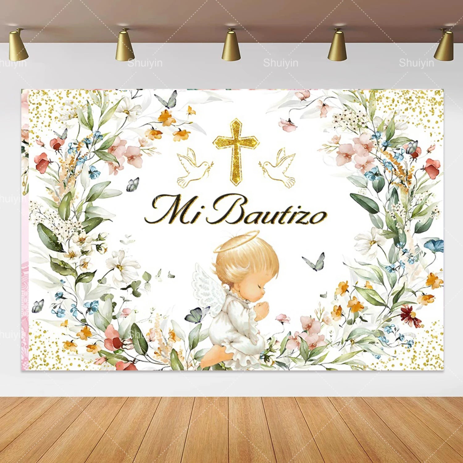 Boy Girl First Communion Backdrop Gold Cross Grail God Bless Baptism Party Decor Background Christening Baby Shower Photo Props