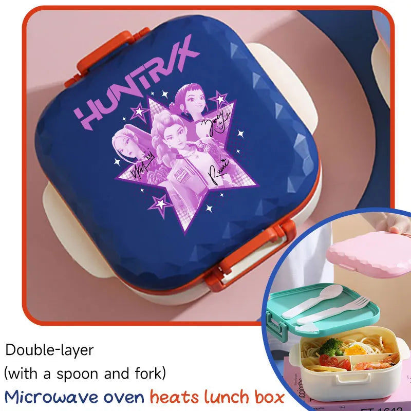 I YAN 800ml BPA-free lunch box with spoon and fork, microwave-safe, portable for students and office workers, featuring K-pop design.
