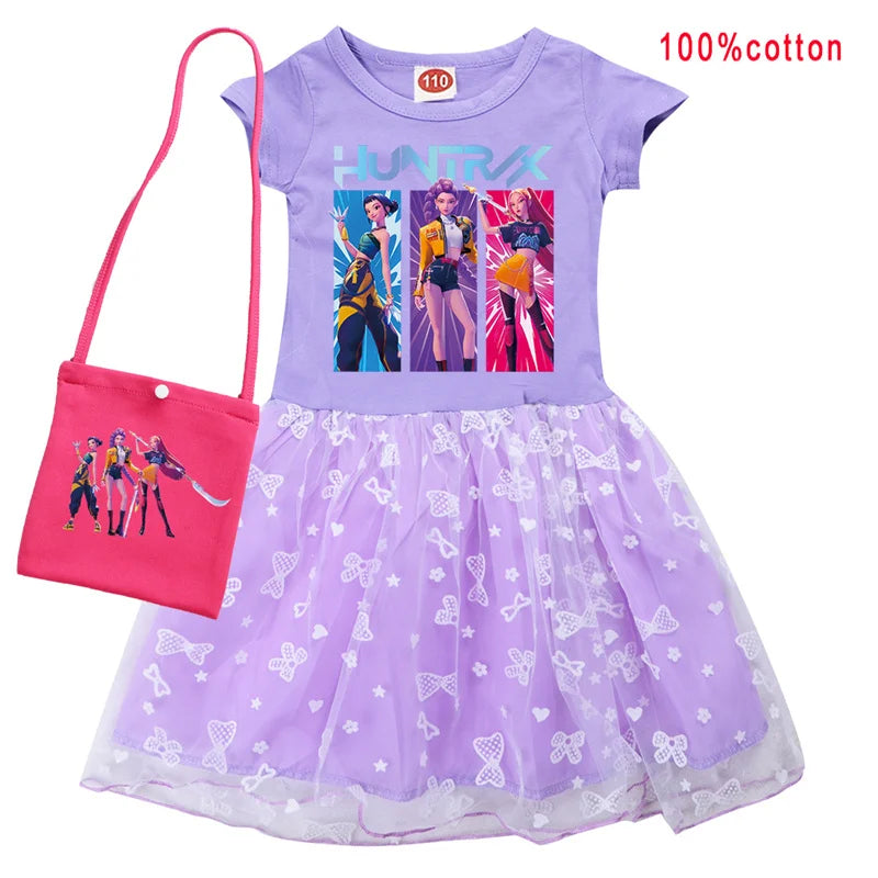 KPop Demon Hunters Rumi Dress Kids Summer Dress Baby Girl's Casual Dresses & Bag 2pcs Sets Lovely Wedding Party Princess Vestido