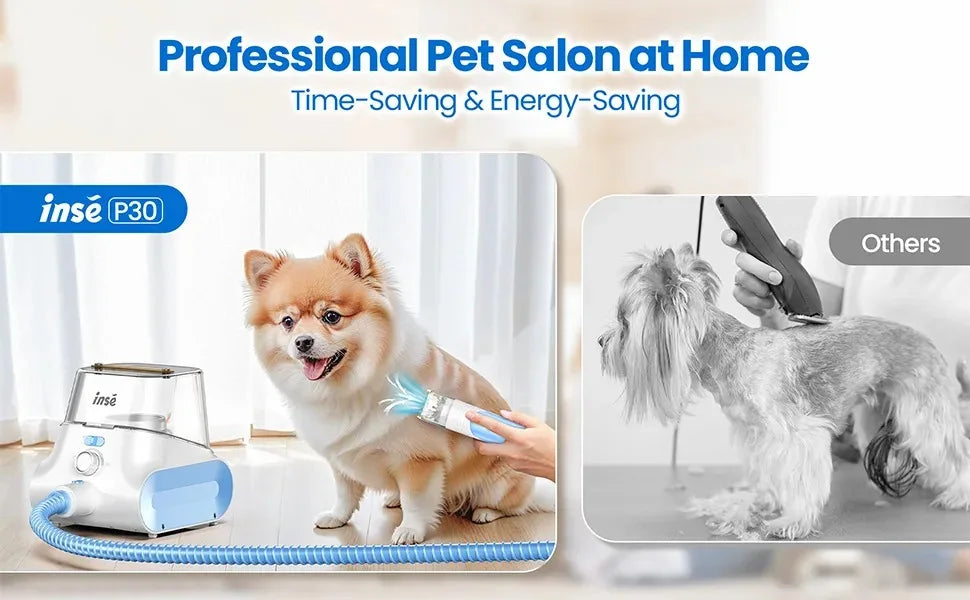 INSE P30 Pet Grooming Vacuum Kit by I YAN, featuring ultra-quiet operation, 4.5L dust box, and 5-stage filtration system.