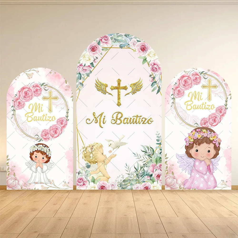 First Communion Arch Backdrop Cover Flowers God Bless Holy Cross Dove Girl Boy Baptism Baby Shower Decor Arched Background Props