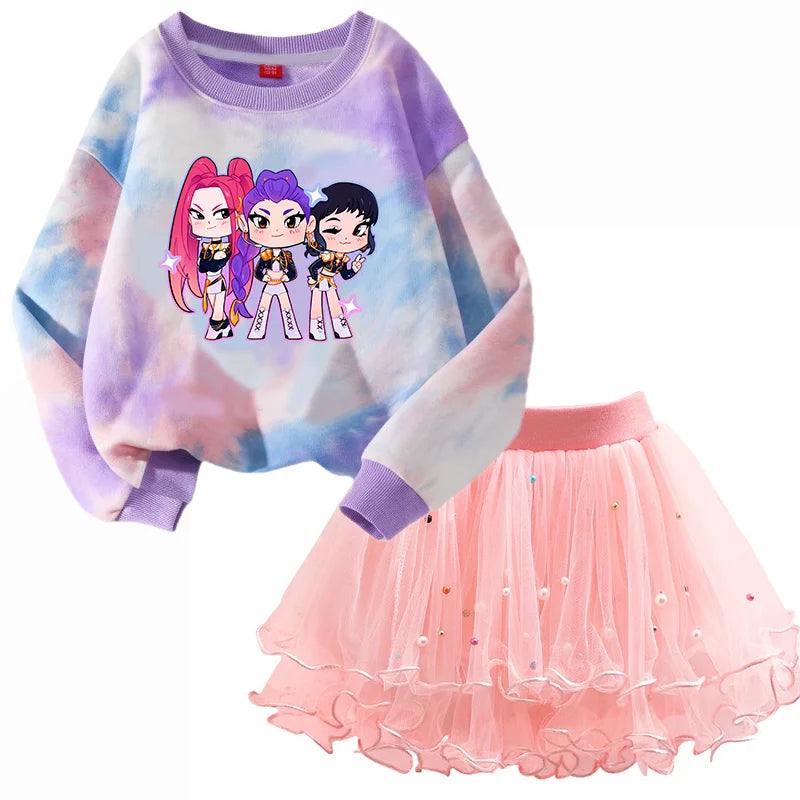 K-Pop Hunters Zoey Mira Rumi Children Sweaters Girls Tie-dye Sweatshirt Pink Pullovers Kids Tops Tulle Princess Dresses Suit