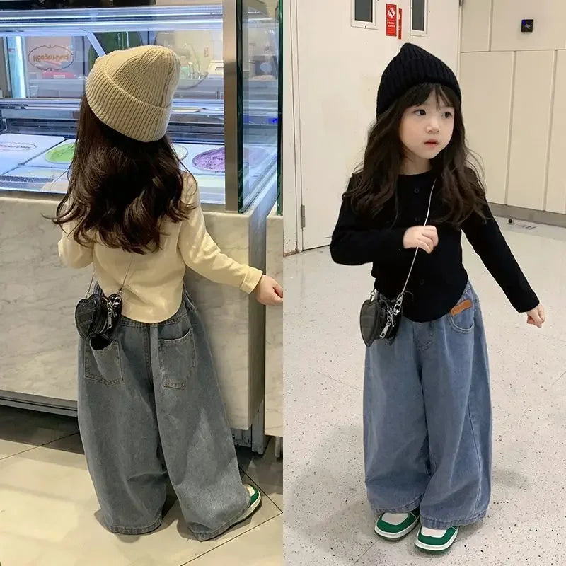 Autunm Clothes 1PCS Children's Denim Pants Girls' Baby Clothes Korean Bottoming Shirts Casual Jeans Girls Wide-leg Pants Tops
