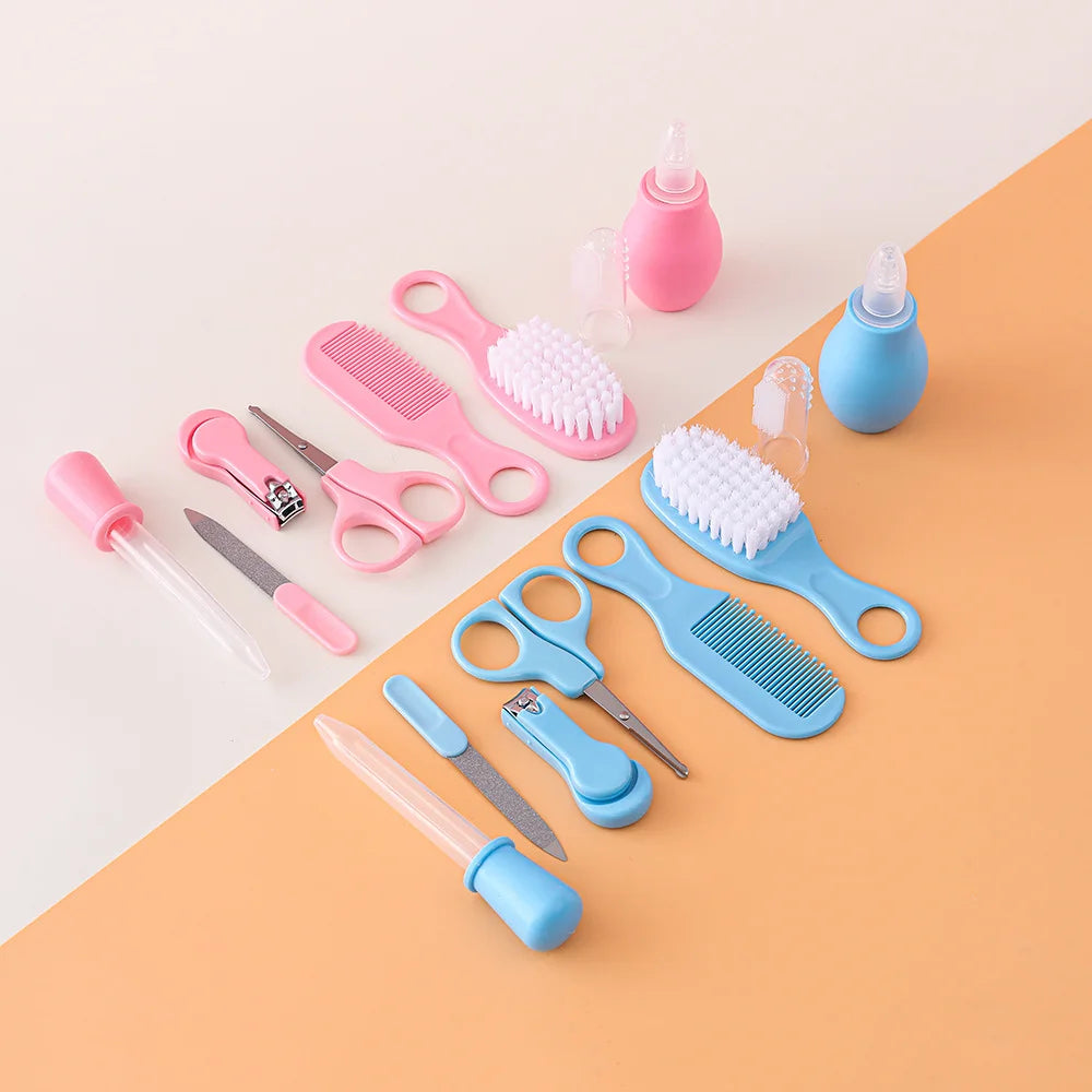 I YAN 8-piece baby healthcare and grooming kit including hair brush, comb, nail clippers, scissors, toothbrush, and nasal aspirator.