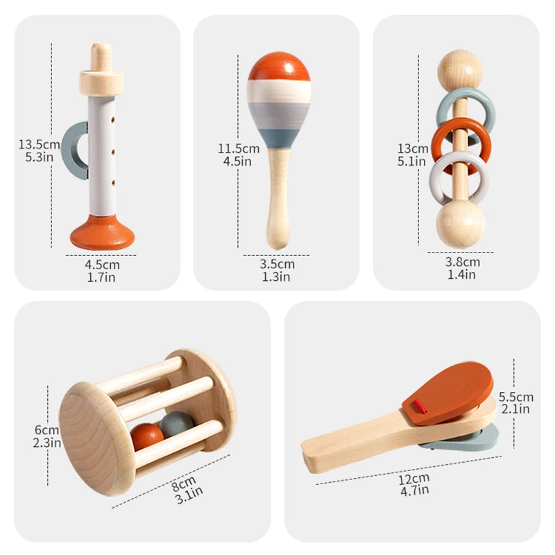 Set of five baby musical instruments including rattles and percussion toys from I YAN, designed for early sensory learning and development.