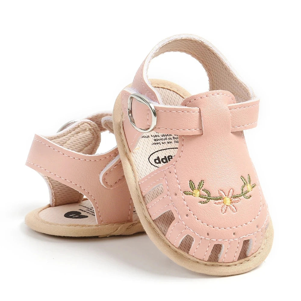Newborn Baby Girl Sandals Summer Embroidered Leisure Comfortable Lightweight Floral Soft Sole Wrap Toe Sandals For 0-18M