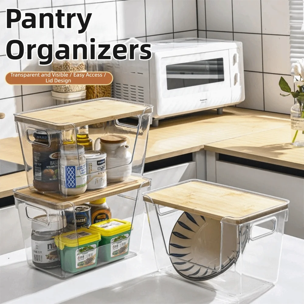 Stackable Pantry Organizers with Wooden Lids Kitchen Storage Clear Bins Under Sink Organizer for Onion Potato Fruit Vegetables