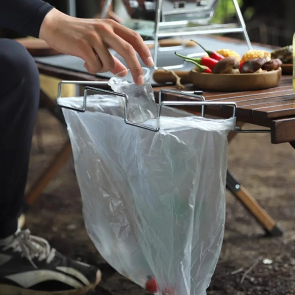 Portable Stainless Steel Camping Trash Holder - Foldable Table Stand for Picnic, BBQ & Outdoor, Eco-Friendly Garbage Bag Rack