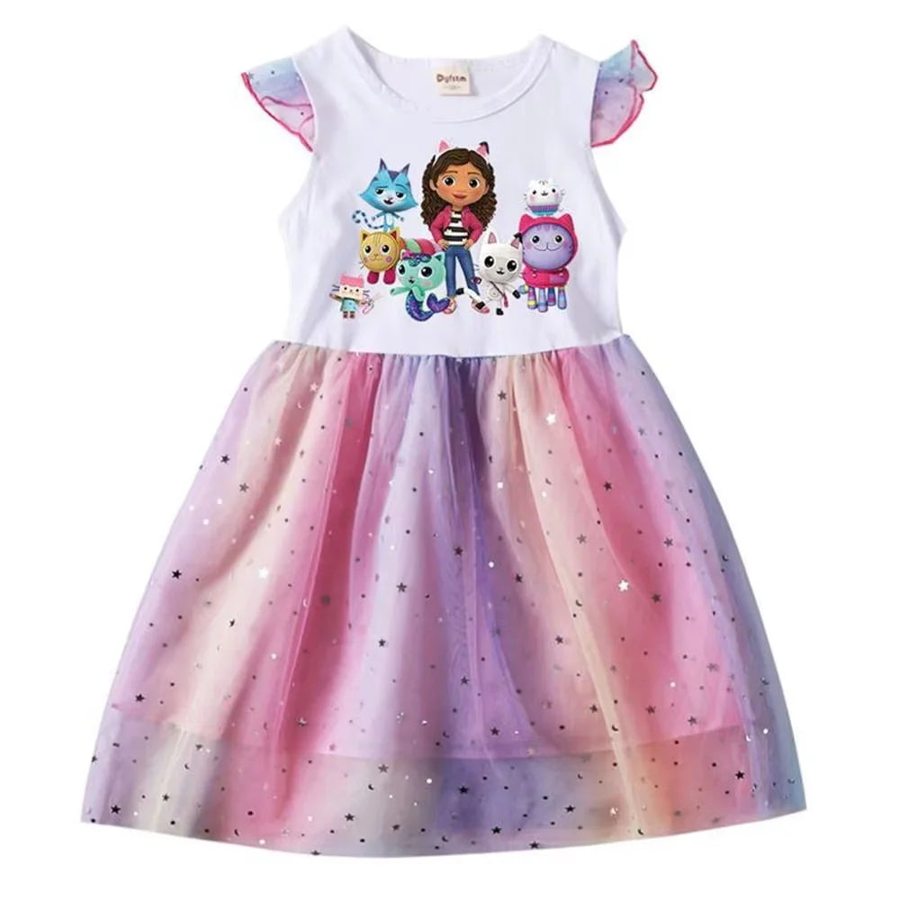 Summer Girls Daily Dresses Fly-sleeve Mesh Star Princess Dress Children's Cartoon Gaby Cosplay Costume+Headband Birthday Gift