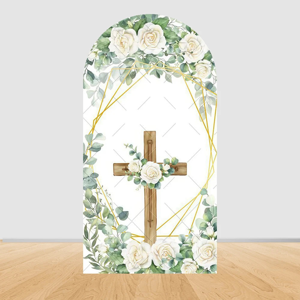 First Communion Arch Backdrop Cover Flowers God Bless Holy Cross Dove Girl Boy Baptism Baby Shower Decor Arched Background Props