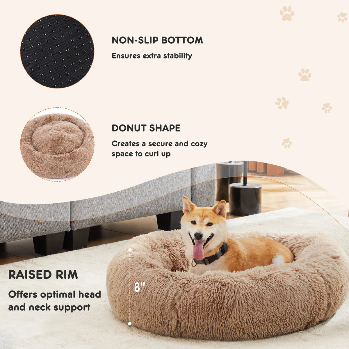 I YAN JHK calming dog bed for medium to large dogs, round plush faux fur washable pet bed with anti-slip bottom.