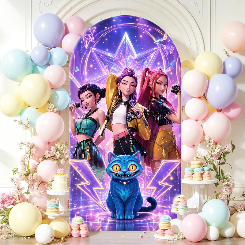 Kpop Demon Hunters Arch Backdrop CoverGirl Group Birthday Arched Banner, Spandex Elastic Photo Booth Background for Party Decor