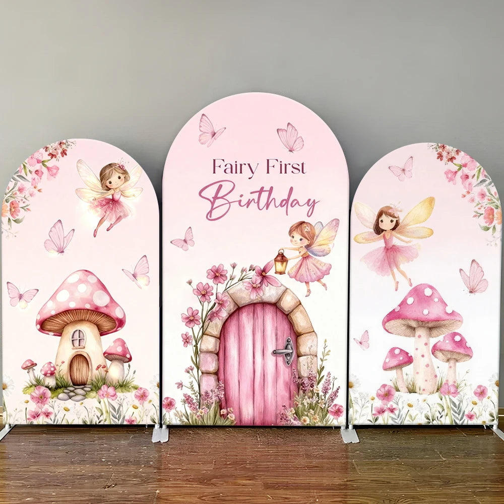 Fairy First Birthday Arch Backdrop Cover Kids Party Decor Whimsical Fairy Baby Shower Photography Background Wall Elastic Fabric