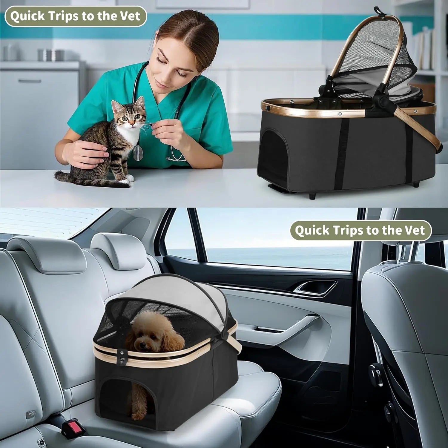 Double Pet Stroller for Dogs & Cats: Foldable Travel Carriage with Detachable Carriers, Safety Belts, 4 Lockable Wheels for Small to Medium Pets, Multi-Pet Home