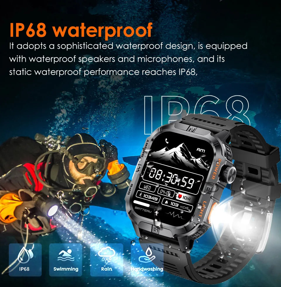 New Dual-Band Satellite GPS Smart Watch Men 2.01'' HD Screen Compass Military Flashlight Watches Waterproof Swim Smart Bracelet