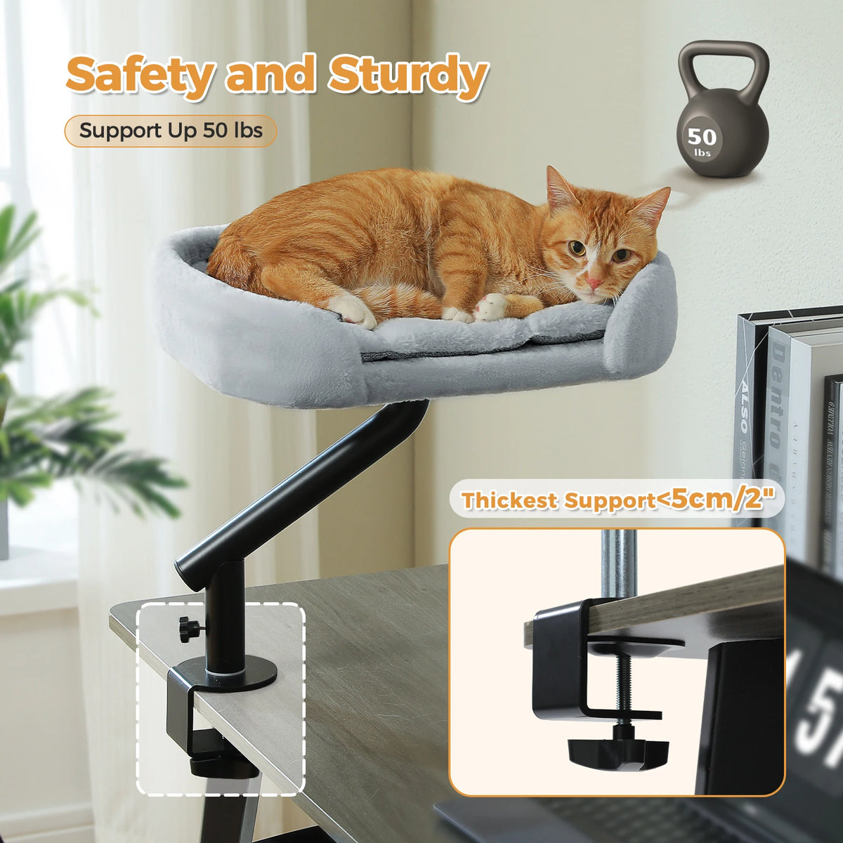 I YAN cat desk bed with soft fabric and adjustable stand, designed for indoor cats to relax on a 360° rotatable hammock on a table