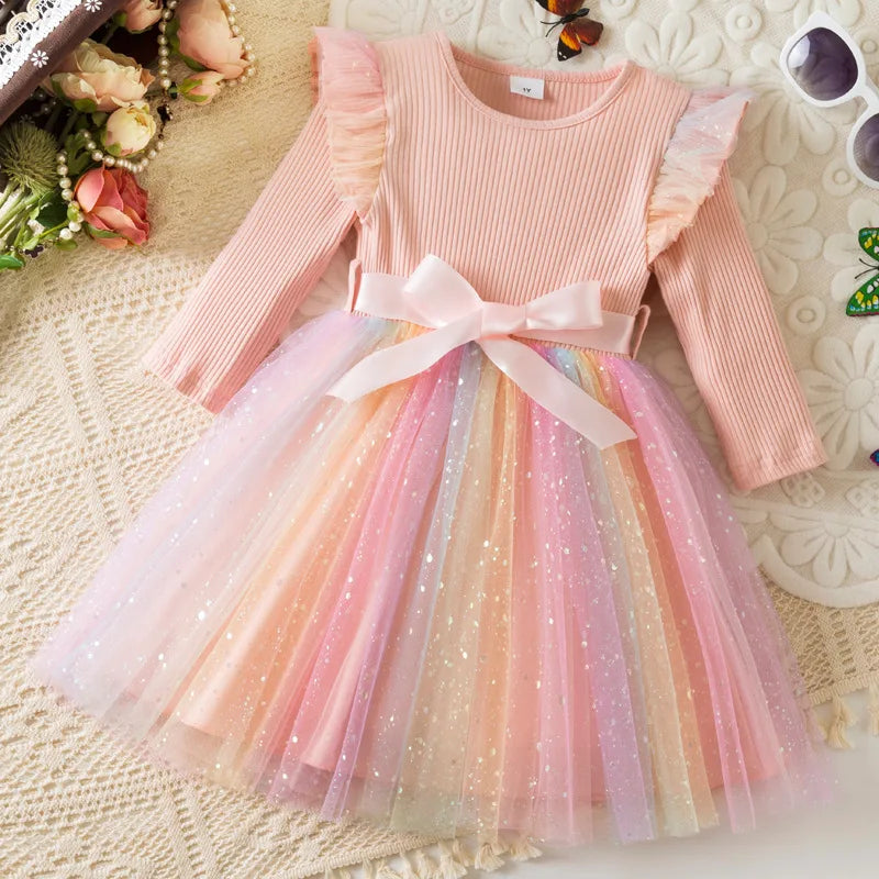 K-Pop Hunters Rainbow Princess Dress for Girls Sequin Birthday Party Mesh Dress for Baby Casual Long Sleeve Girls Dresses 1-5Y