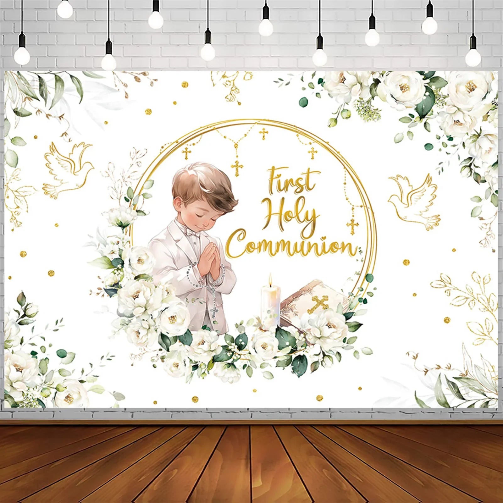 First Holy Communion Backdrop Gold Dots Flowers Gold Cross Boy or Girl My Baptism Party Decor Kids God Bless Photo Background