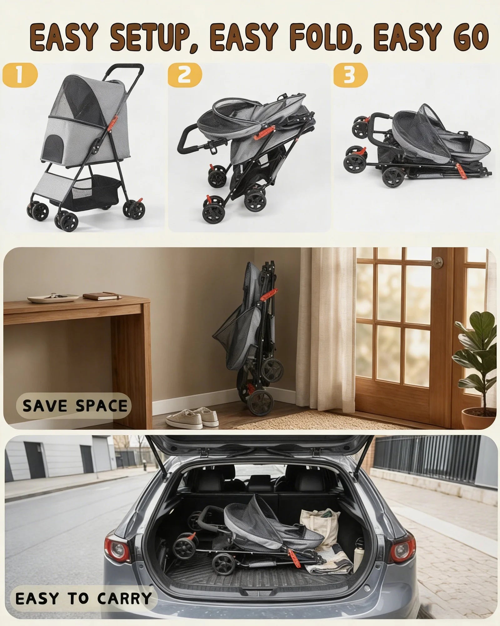 Foldable Pet Stroller Lightweight 4 Wheel Dog Stroller for Small Dogs Cats Portable Travel Pet Cart with Breathable Mesh