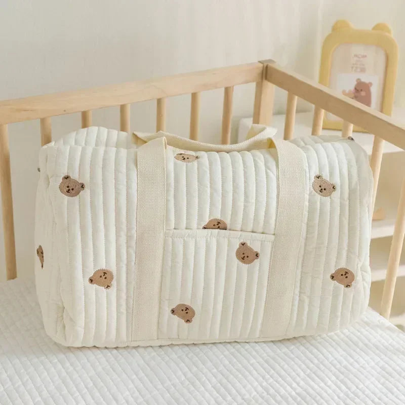 I YAN Mommy Bag Bear maternity diaper bag with stroller straps, multiple compartments, and portable luggage tote for travel and organization.