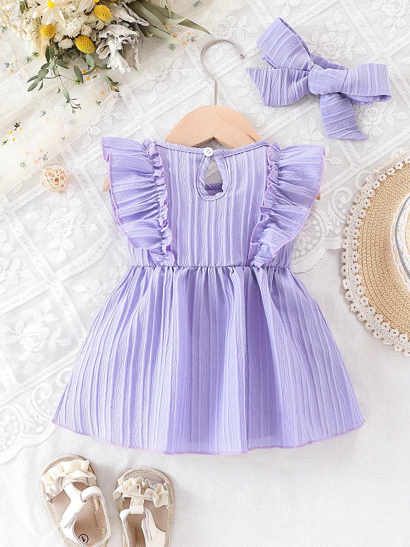 Baby girl Summer Blue dress with Ruffled Edges and Bow, Sweet and Cute Style Dress suitable for 0-3 Year old Cute Baby girls
