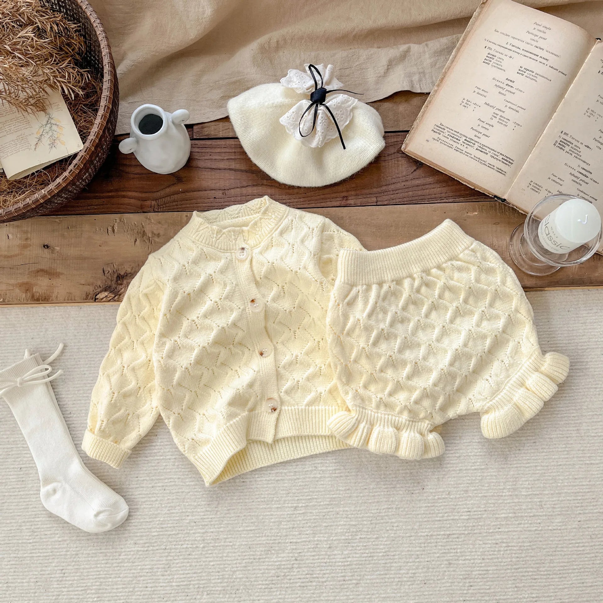 Baby Girl Knit Cardigan & Shorts Set – Hollow-Out Sweater 2-Piece Outfit - I YAN
