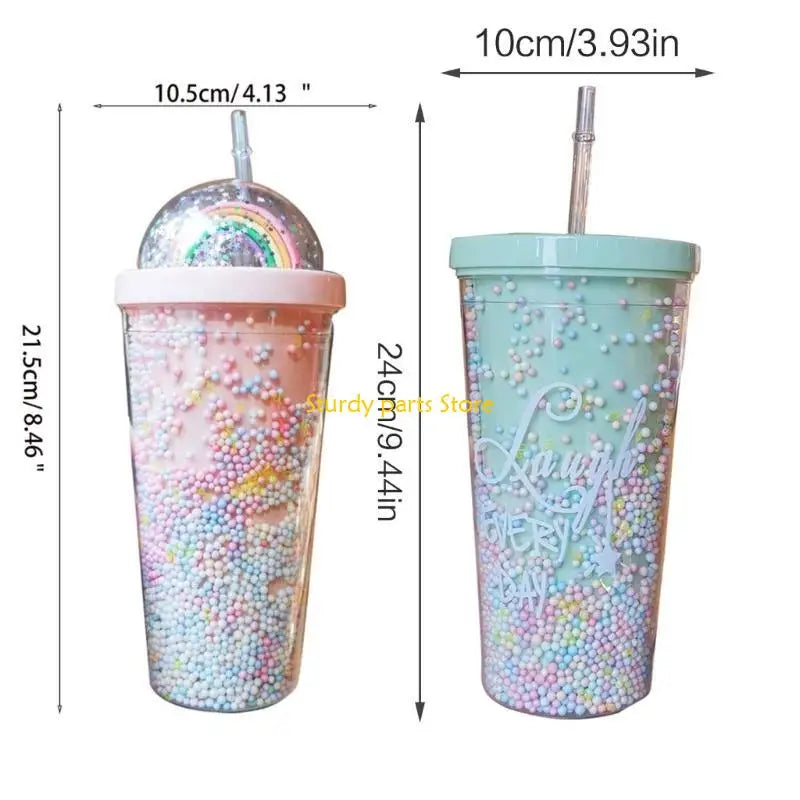 97QC 550ml Rainbow Plastic Water Bottle Double Layer Sequins Drinking Cup with Straw
