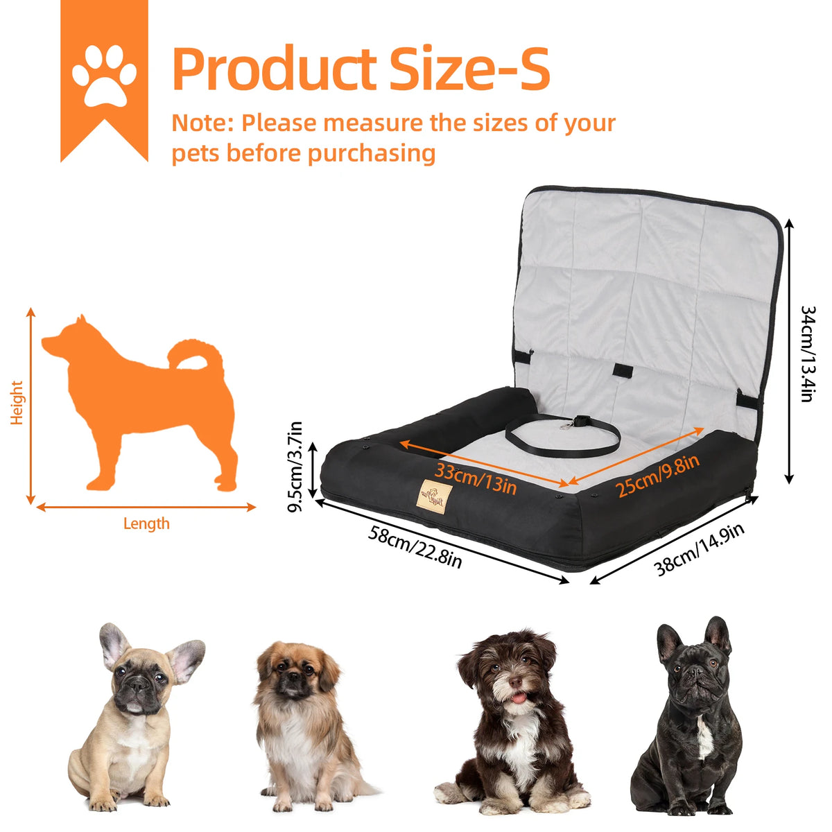 Waterproof dog car seat bed by I YAN with removable pad cover, safety belt, available in three sizes for pet comfort and safety.