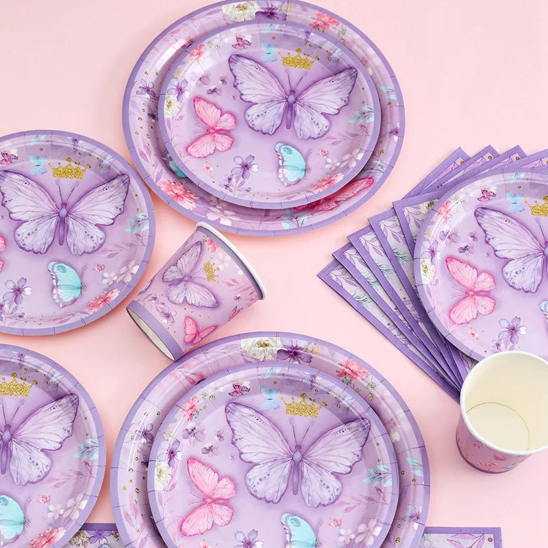 Butterfly Birthday Party Decoration Kids Girls Butterfly Party Disposable Tableware Paper Cup Plate Birthday Baby Shower Party - I YAN