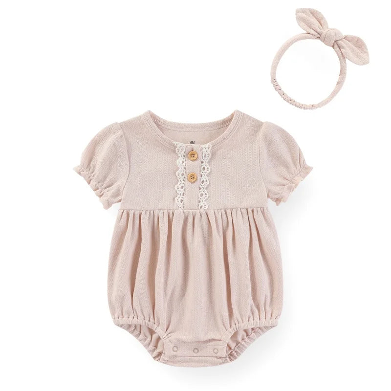 Baby Girl Clothes Sets Cotton Bodysuit +Headband Short Sleeve Newborn Baby Girl Jumpsuit Summer Solid Color 6-24Months Bebes